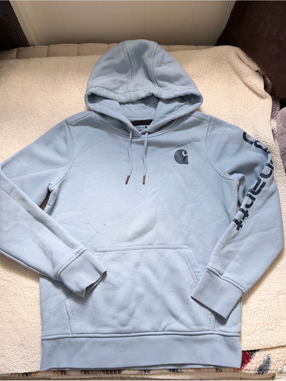 Carhartt Light Blue Hooded Pullover Sweatshirt with Sleeve Logo